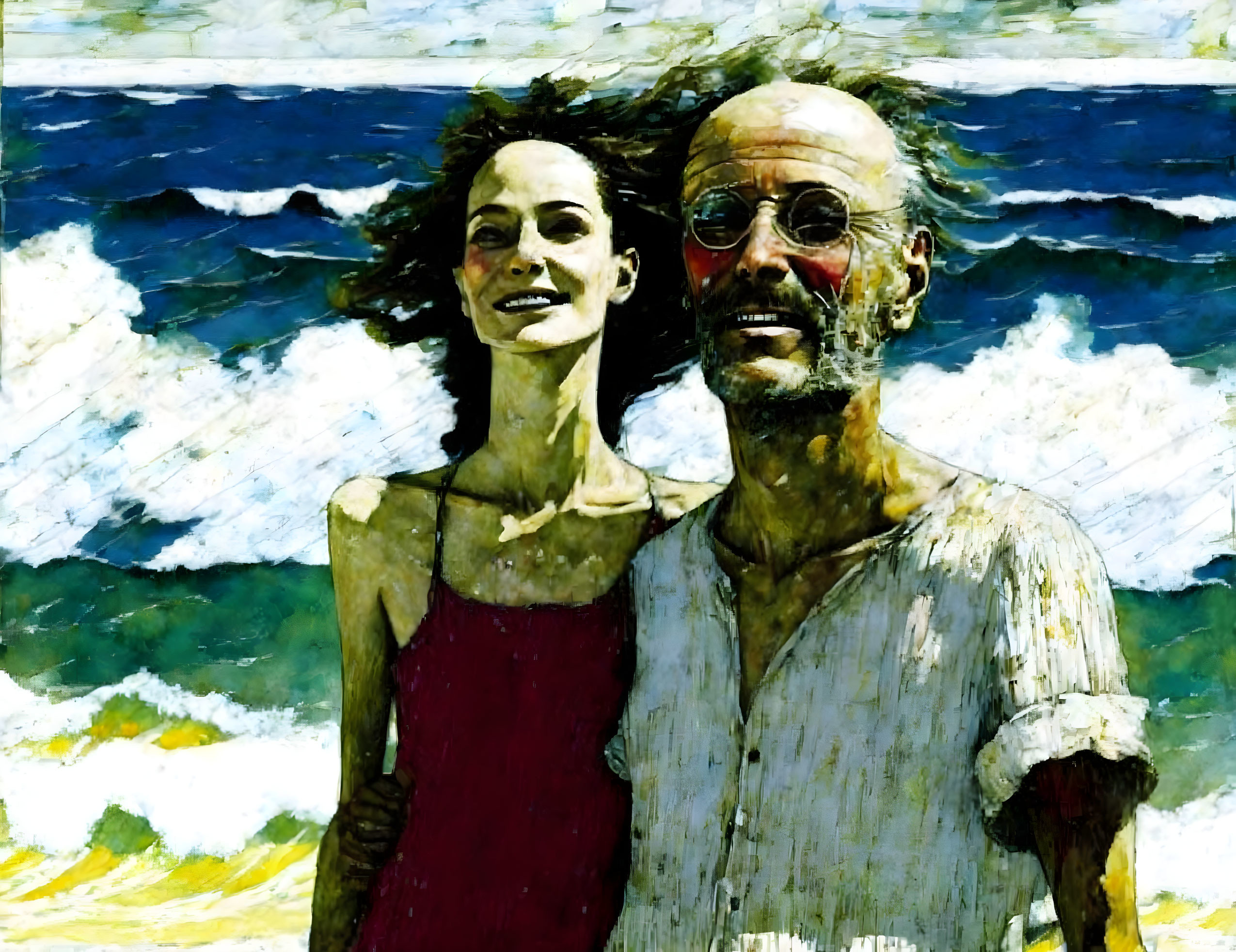 Smiling older couple by the sea in red dress and sunglasses, with expressive brushstrokes