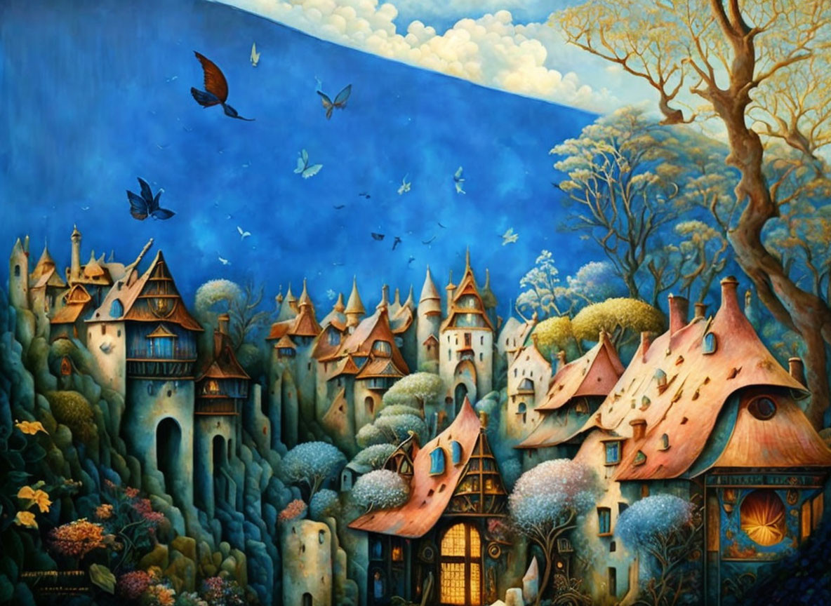 Fantasy landscape with storybook castles, lush trees, transitioning sky, and birds.