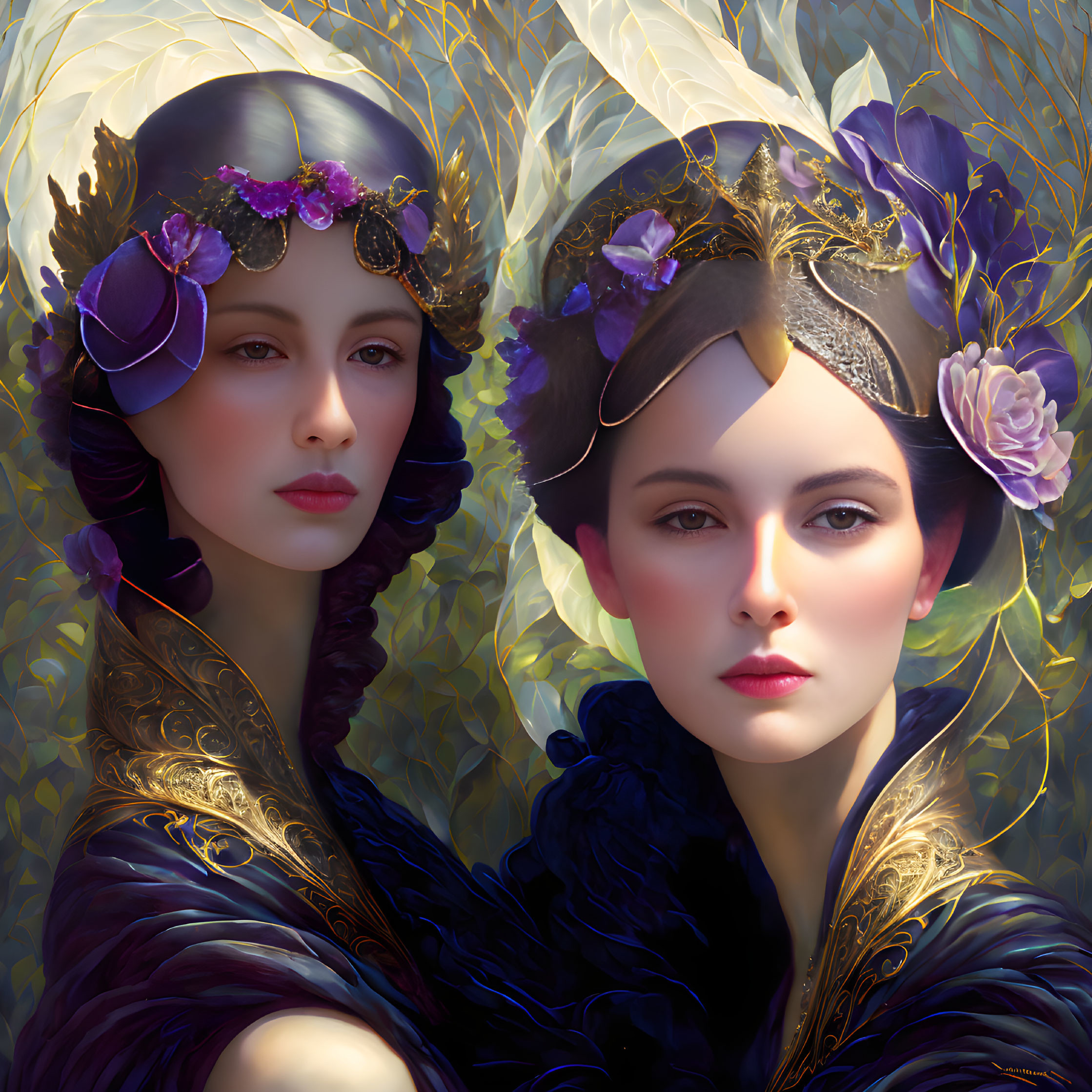 Two women in golden headpieces and purple floral accents in black feathered garments against a golden foliage background