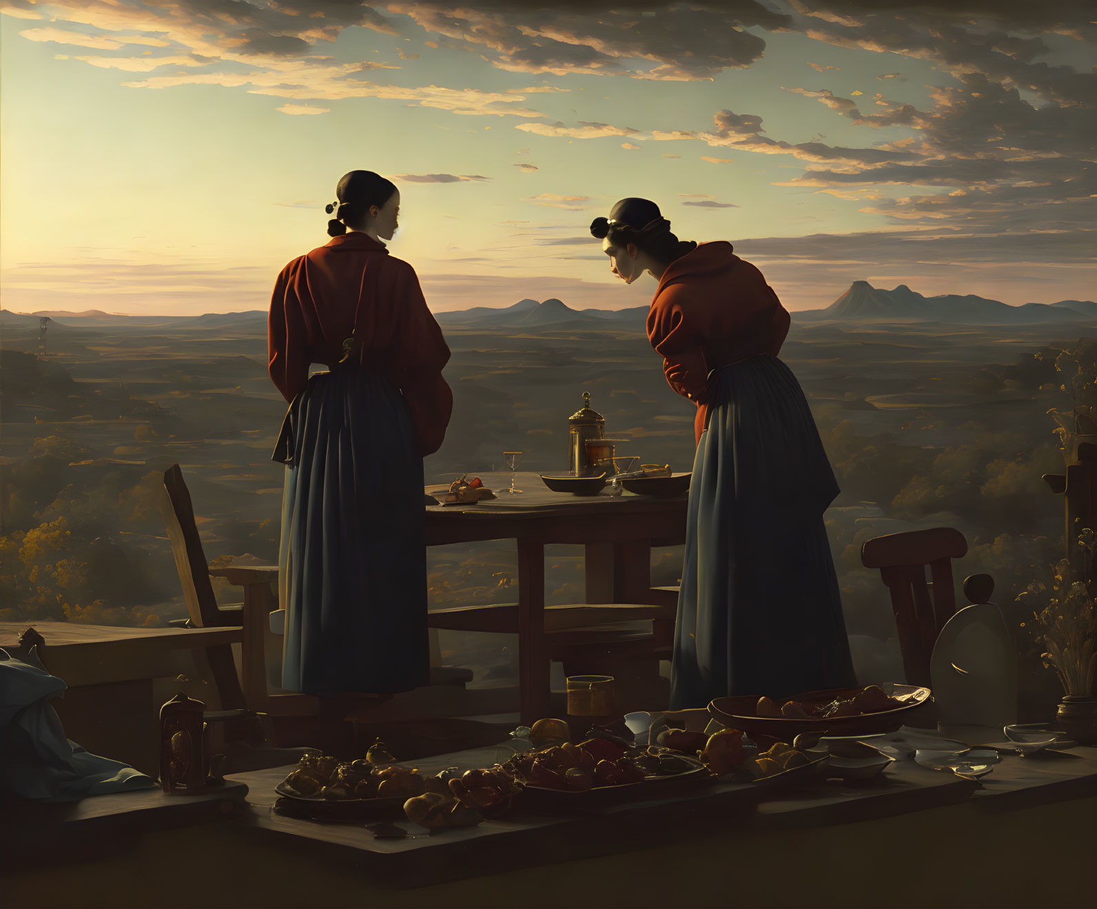 Two women in traditional attire with food table, mountains landscape at sunset