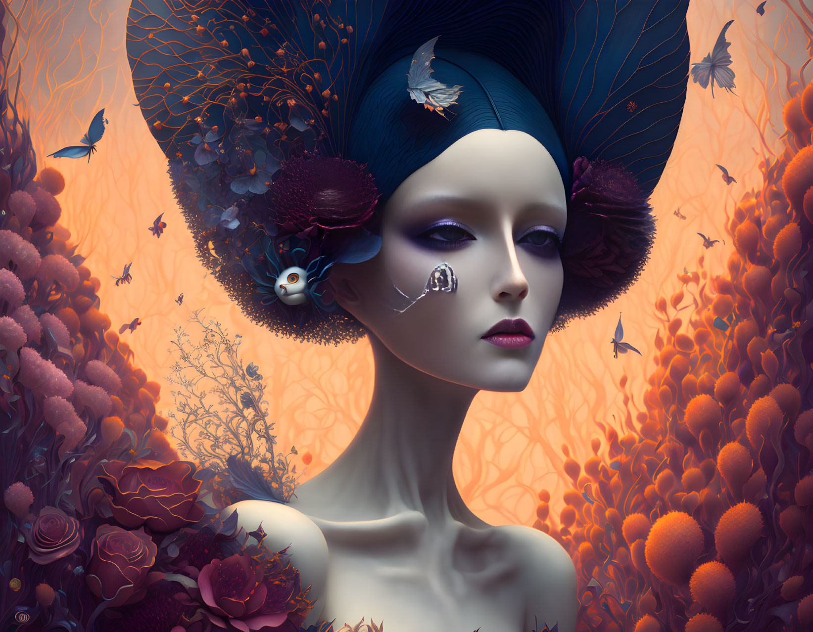 Surreal portrait of a woman with elaborate headdress, floral elements, butterflies