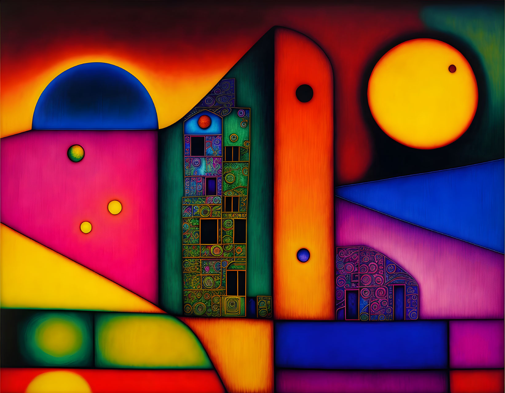 Vibrant Abstract Painting with Geometric Shapes and Surreal Sky