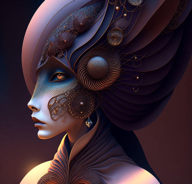 Digital Artwork: Female Figure with Futuristic Ornamental Features