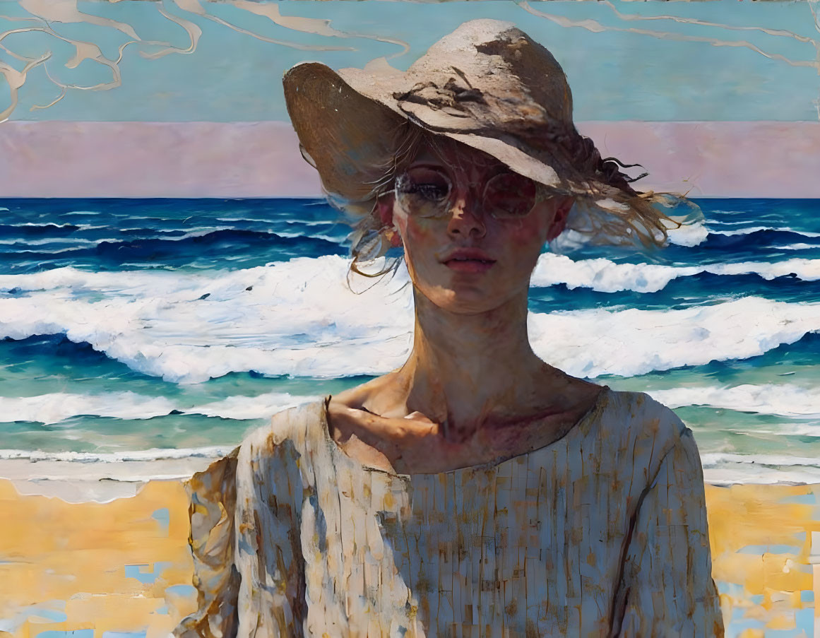 Woman in sun hat and light blouse on beach with blue waves