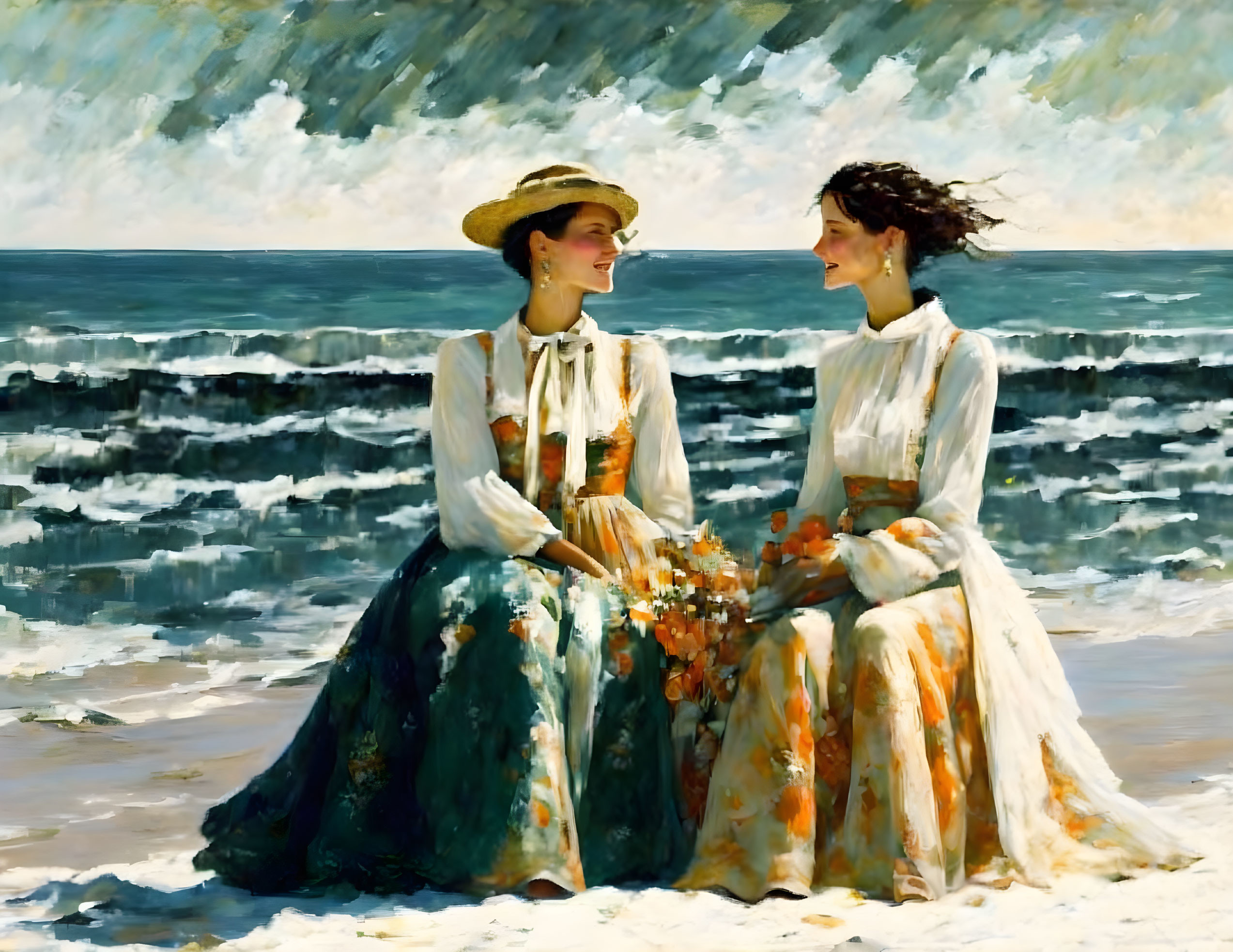 Two women in vintage dresses with hats by the sea under cloudy sky