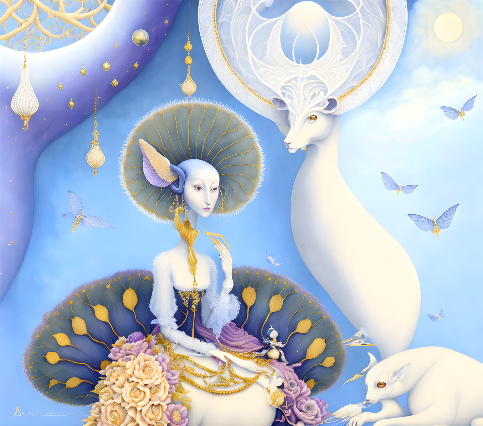 Ethereal illustration of pale figure with ornate halo and antlered creatures surrounded by nature elements