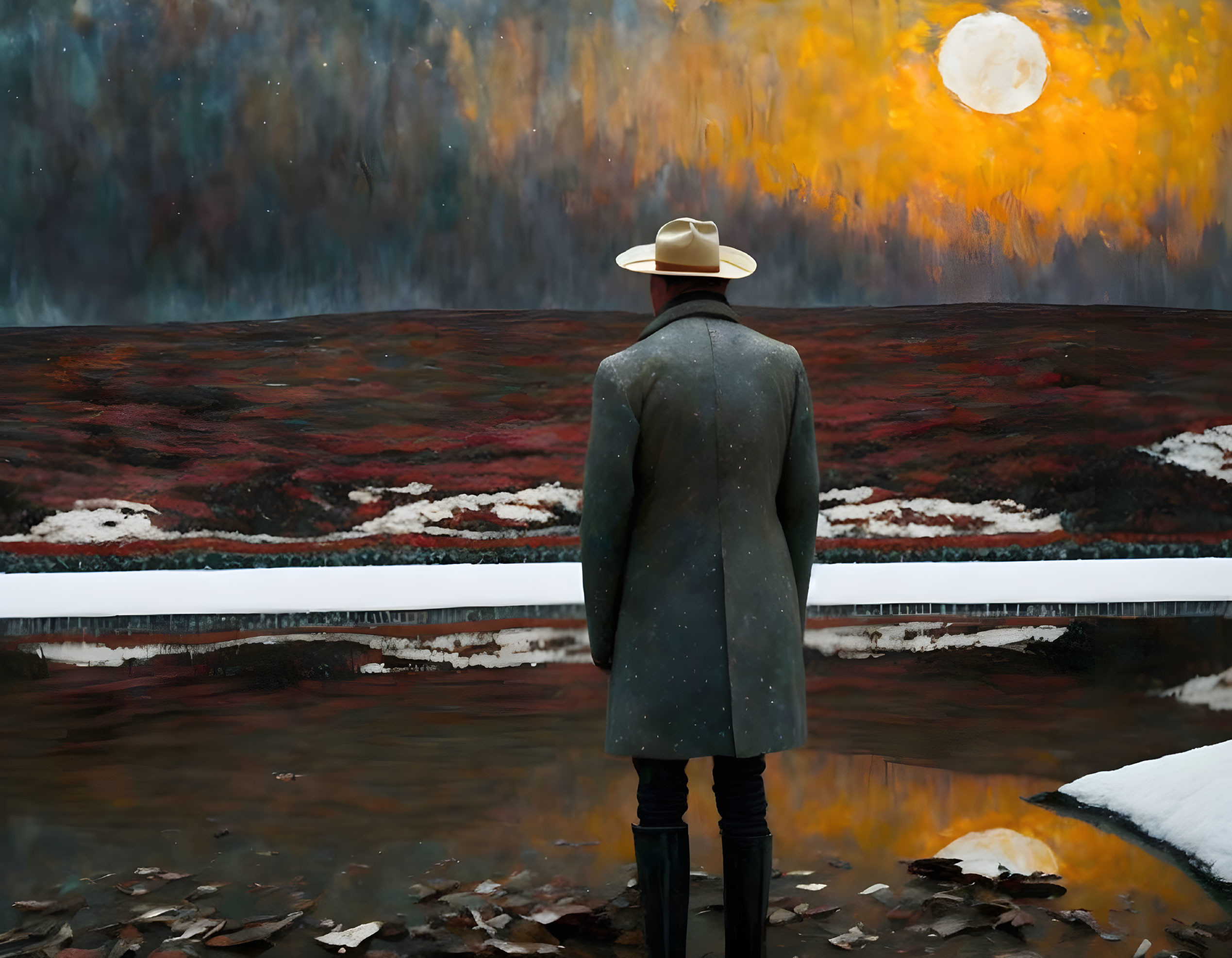 Person in coat and hat in surreal landscape with reflective water and colorful foliage