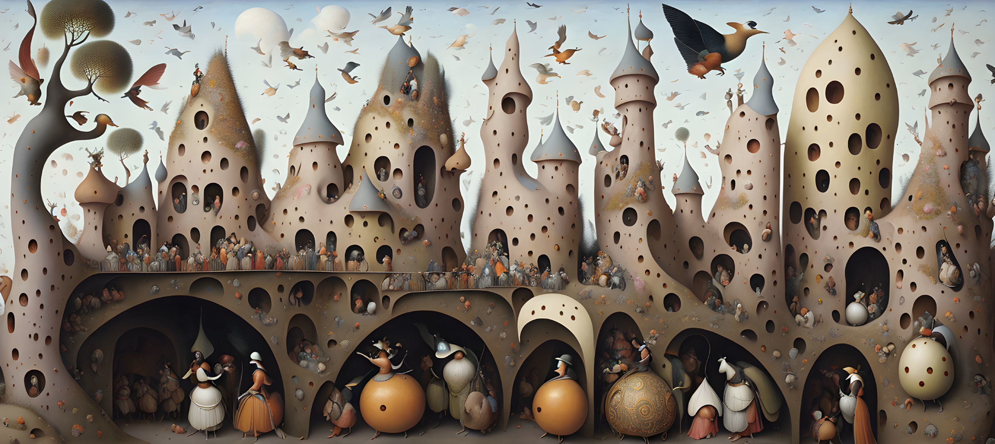 Fantastical surreal landscape with mushroom-like structures and whimsical creatures