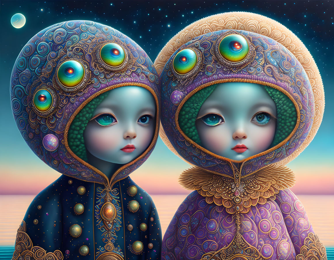 Stylized whimsical characters with cosmic headgear under twilight sky