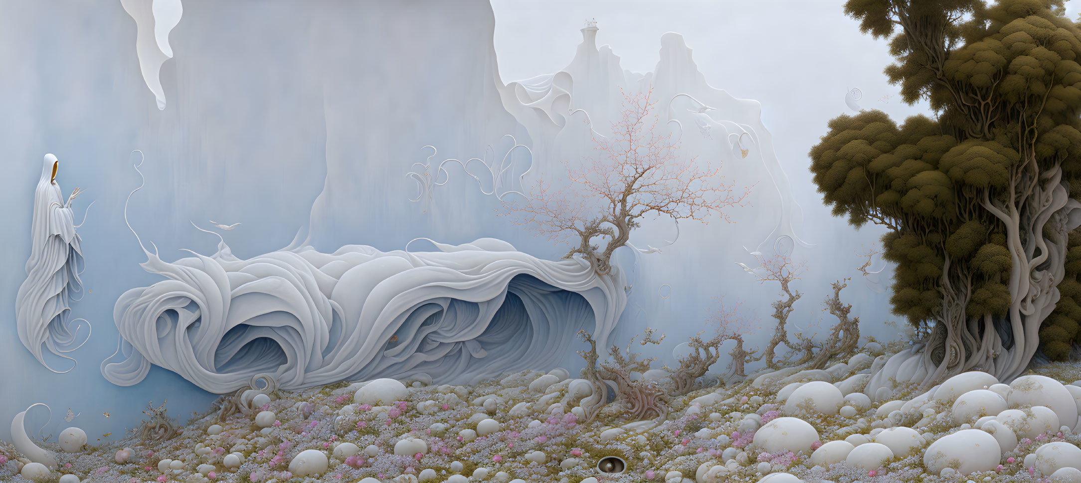 Surreal landscape with wave-like structure, ethereal figures, flowering trees