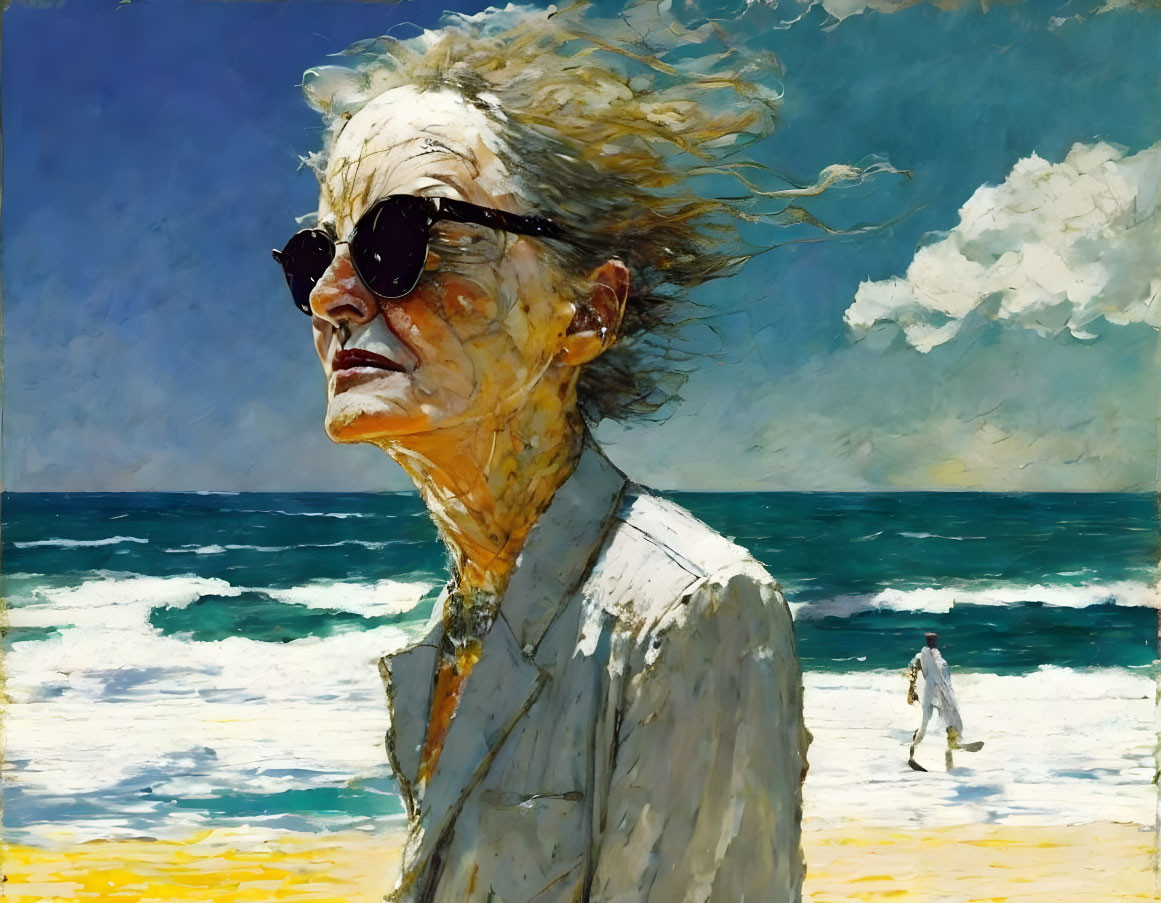 Elderly woman on beach with wind-swept hair and cloudy sky