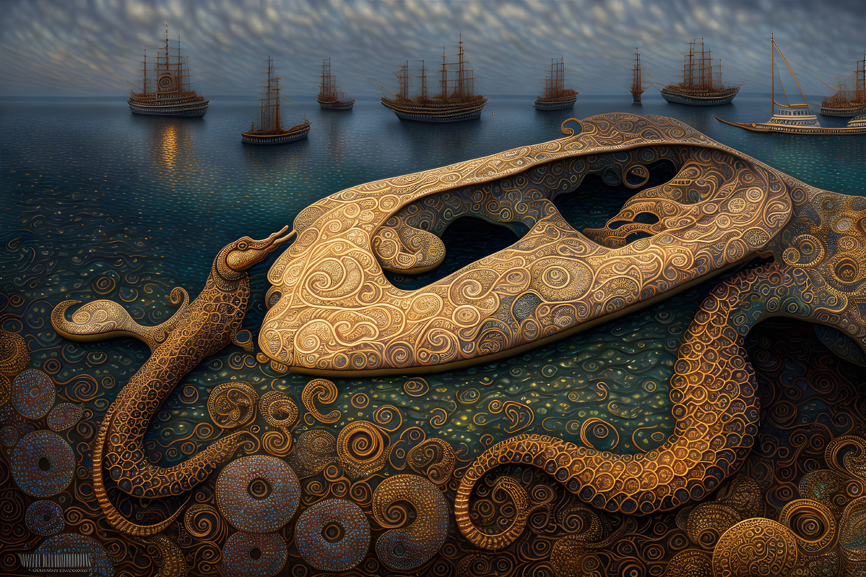 Detailed Digital Art: Giant Ornate Cephalopod in Sea with Sailing Ships