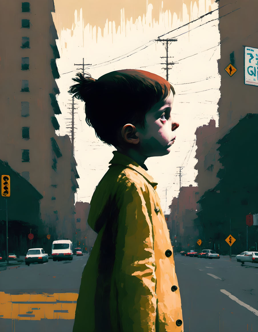 Young boy in yellow coat gazes at cityscape