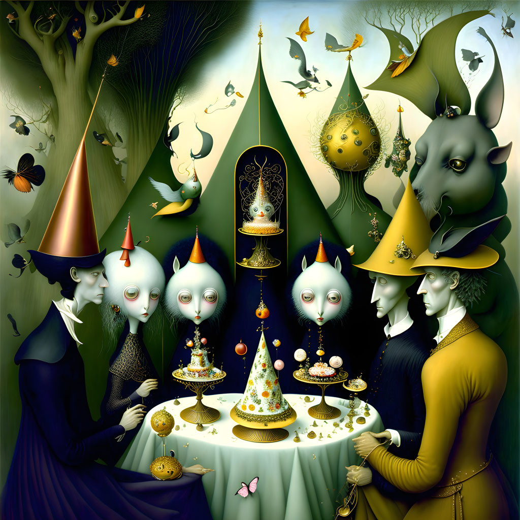 Whimsical fantasy scene with humanoid figures and magical creatures around a table