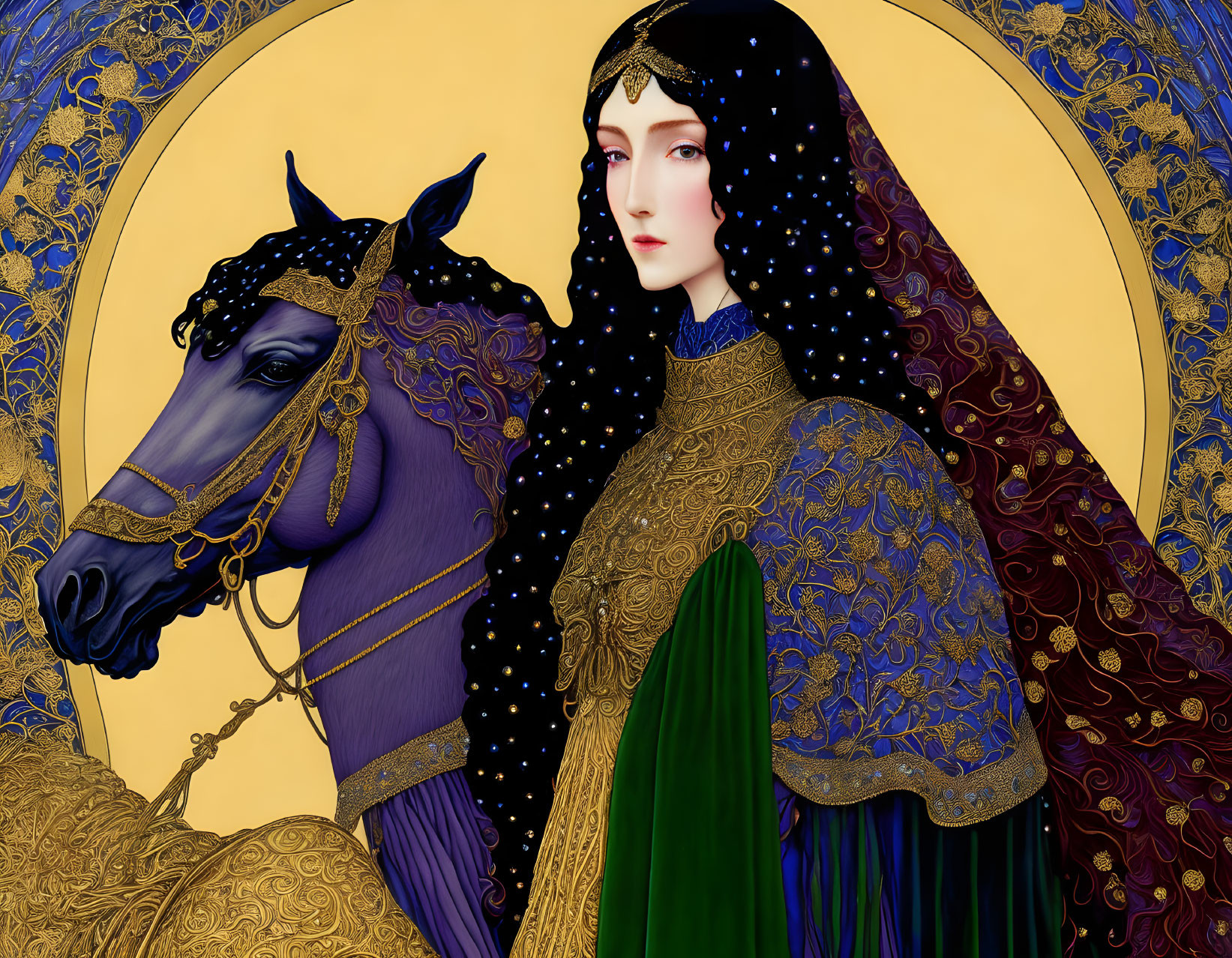 Woman in Black Hair & Medieval Gown with Blue Horse on Golden Background