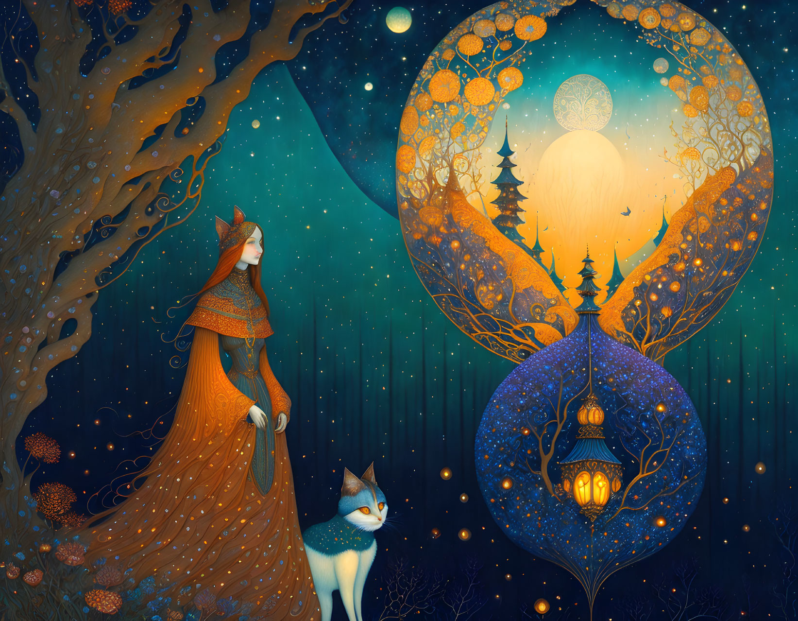 Woman in Orange Dress with Fox Under Starry Sky and Whimsical Trees