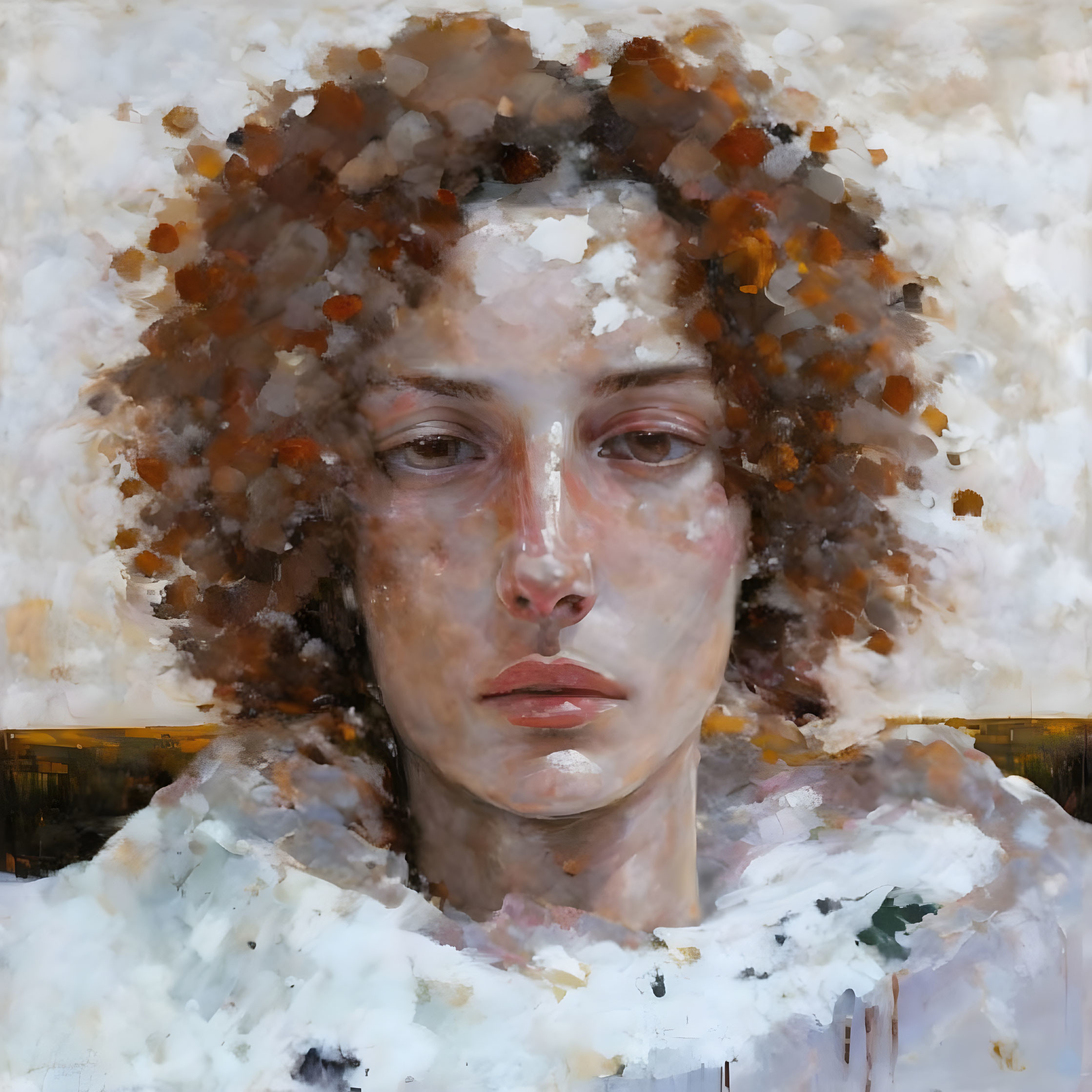 Portrait of a person with abstract pixelated hair and warm tones, featuring a contemplative expression and white