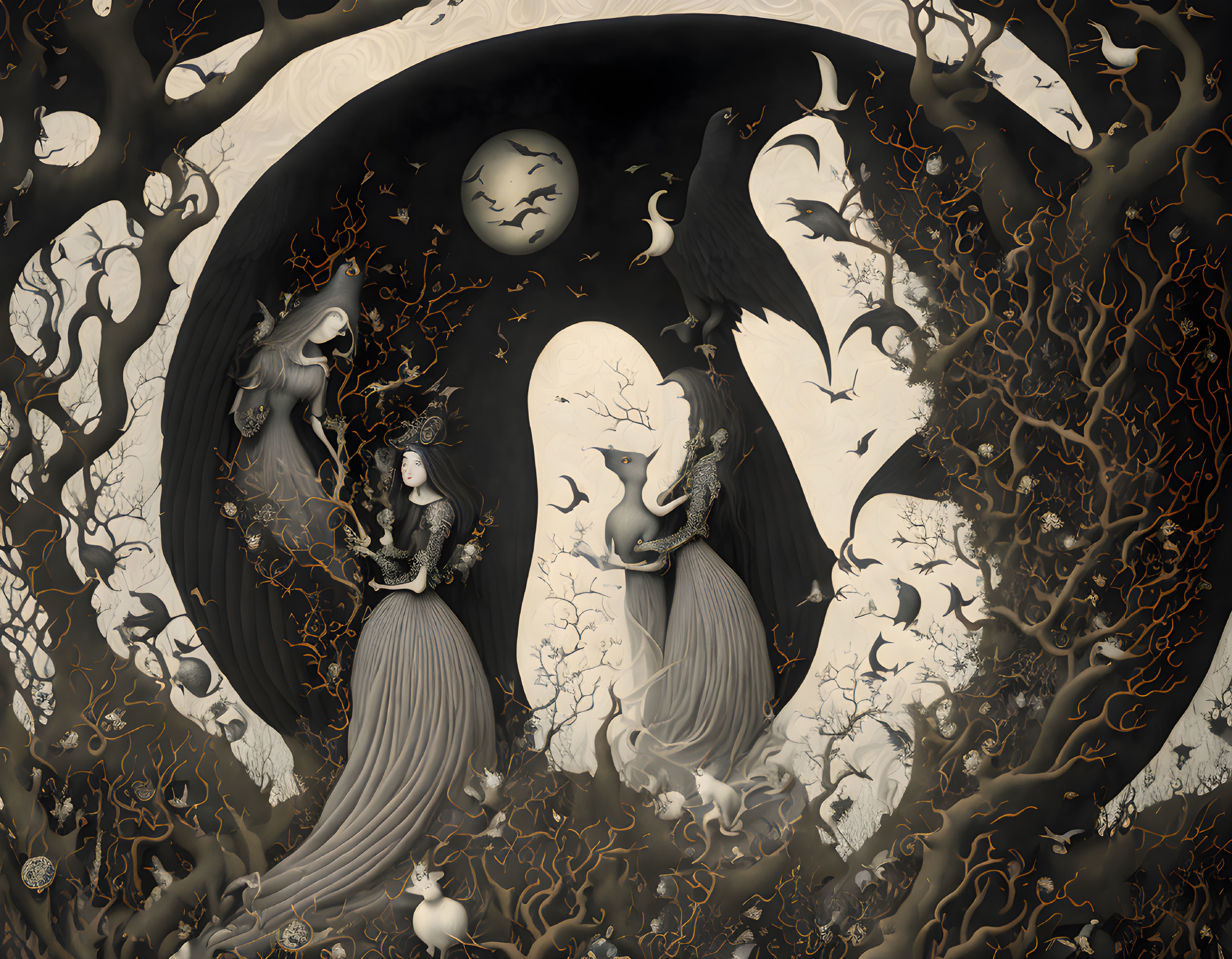 Monochromatic art: Ethereal figures with bird-like features in mystical forest under crescent moon