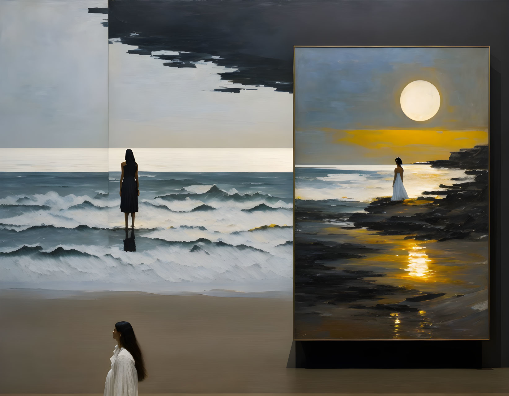 Surreal painting with women in white dresses against moonlit sea and cloudy sky