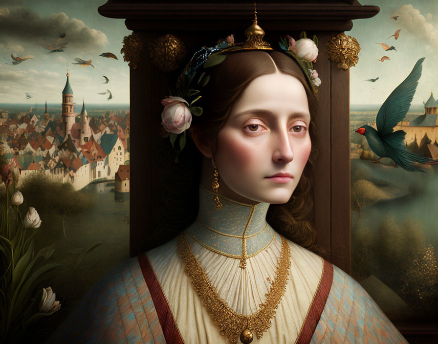 Renaissance woman portrait with serene expression and surreal landscape