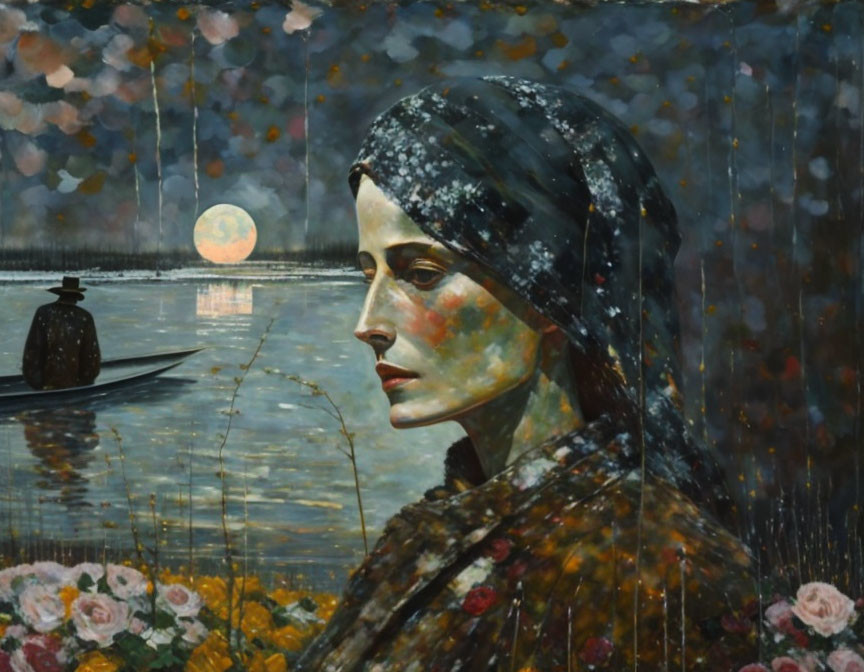 Contemplative woman with flowers, boat, and full moon by tranquil water