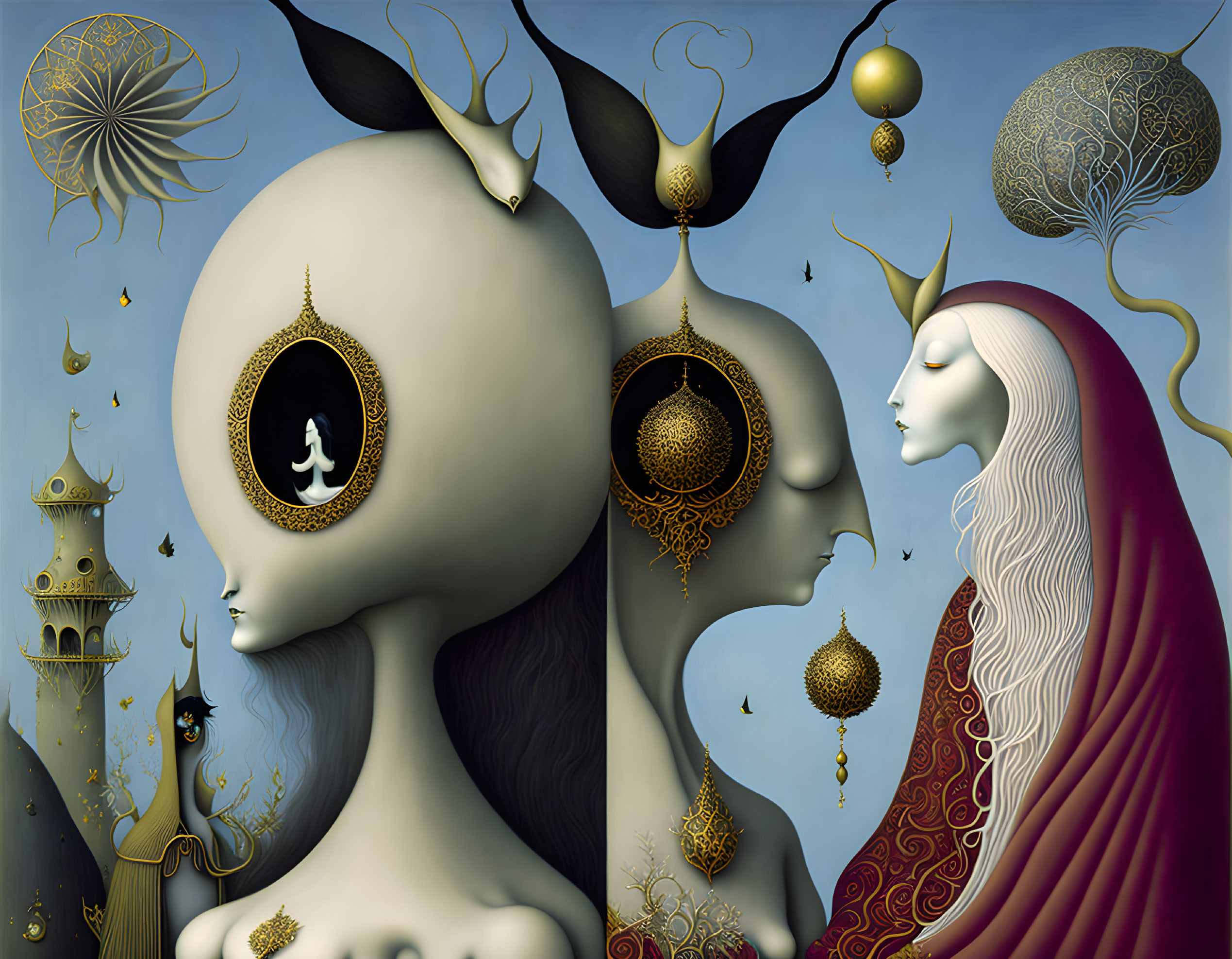 Surreal Artwork: Stylized Figures with Ornate Celestial Elements