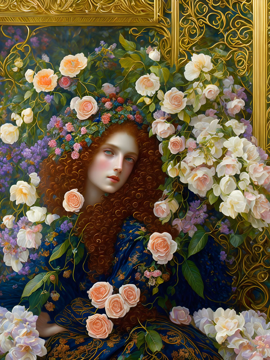 Portrait of woman with red curly hair in blue dress among roses and greenery