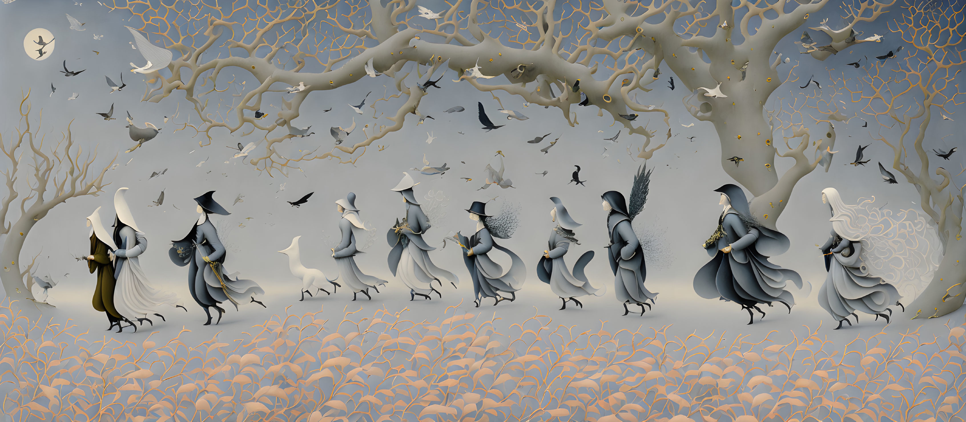 Illustration of birds in cloaks and hats walking through leafless forest