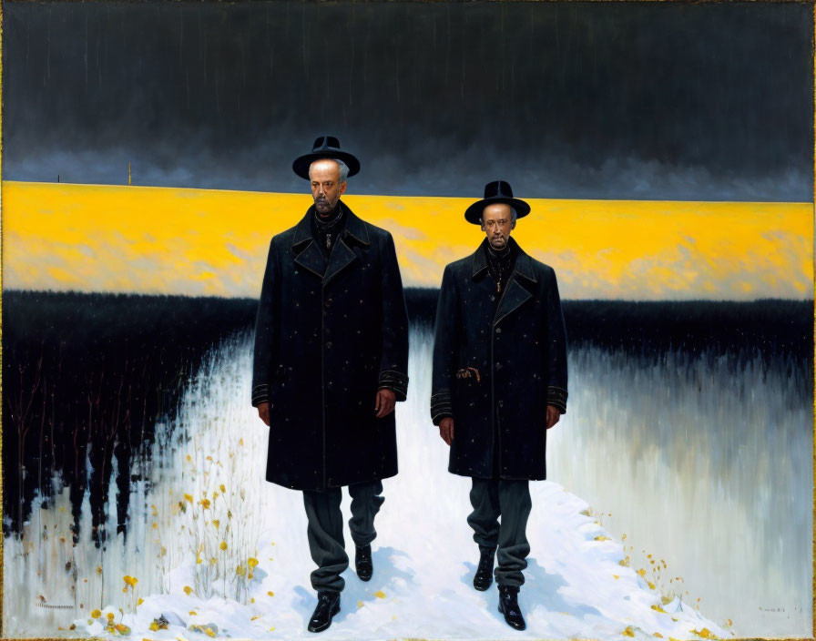 Two men in black overcoats and hats in field with yellow and black horizon.