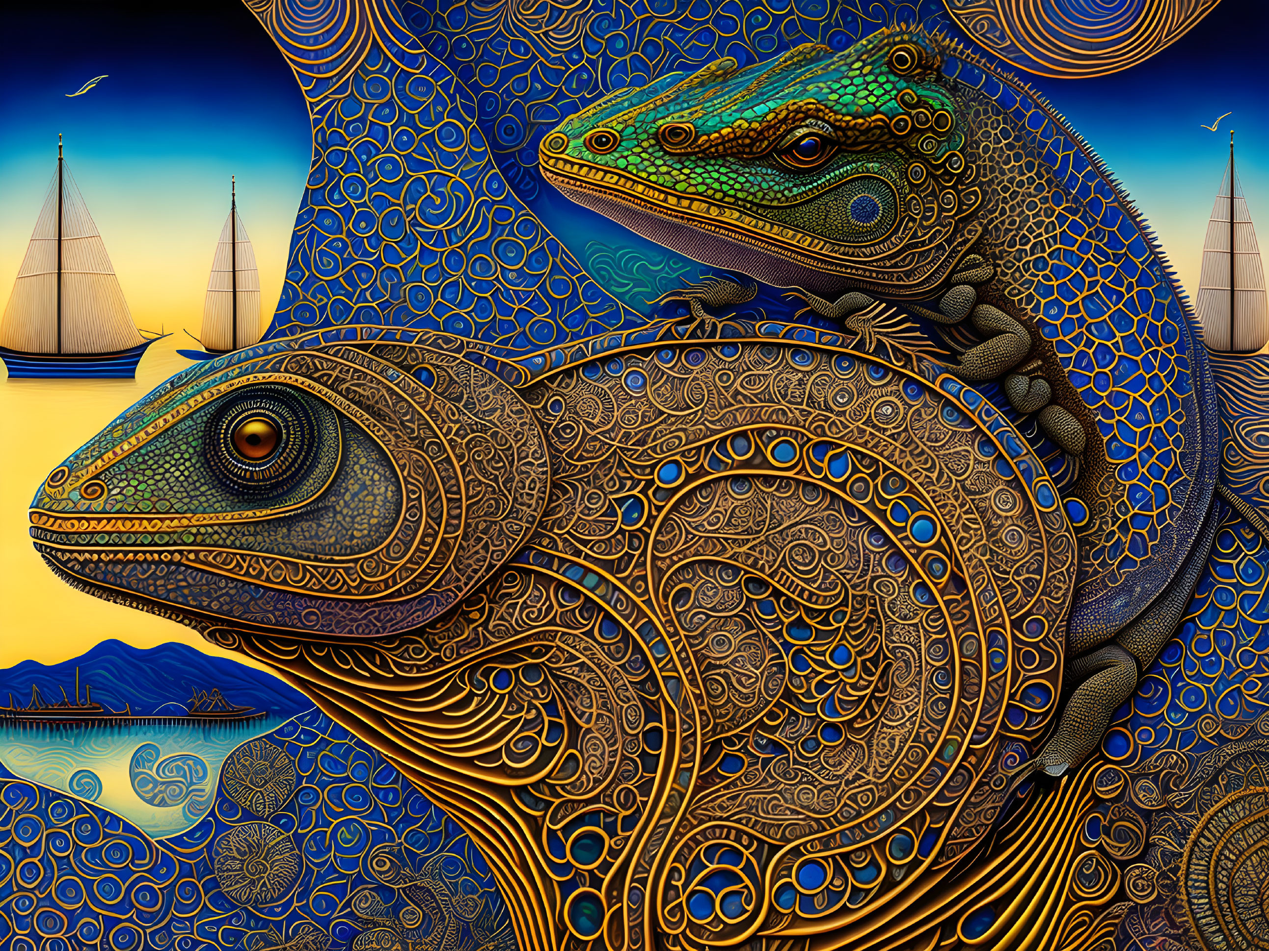 Colorful Ornate Lizards with Detailed Scales and Sailboats in Sunset Sky