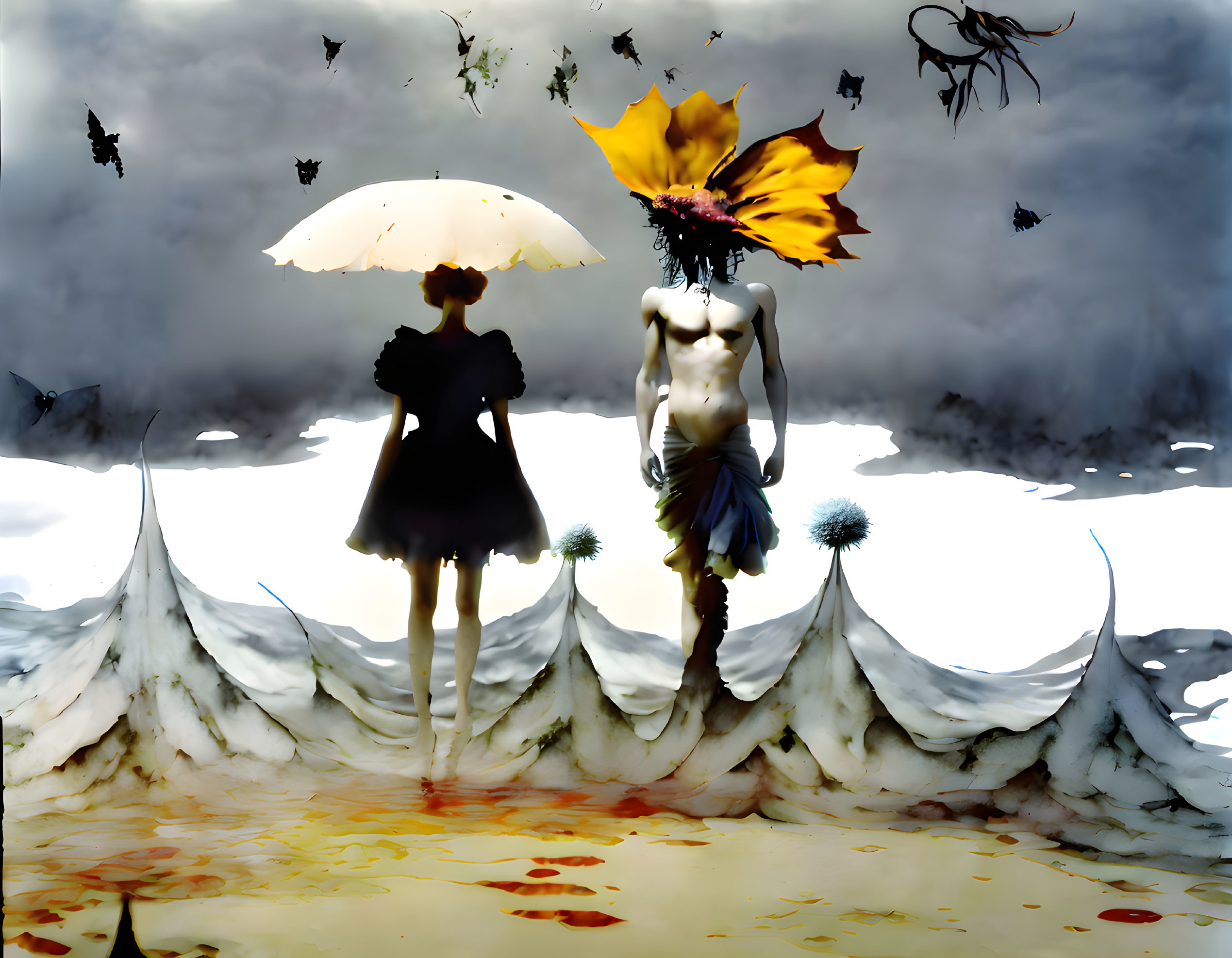 Surreal artwork: Two figures with umbrella and flower head in dreamy landscape