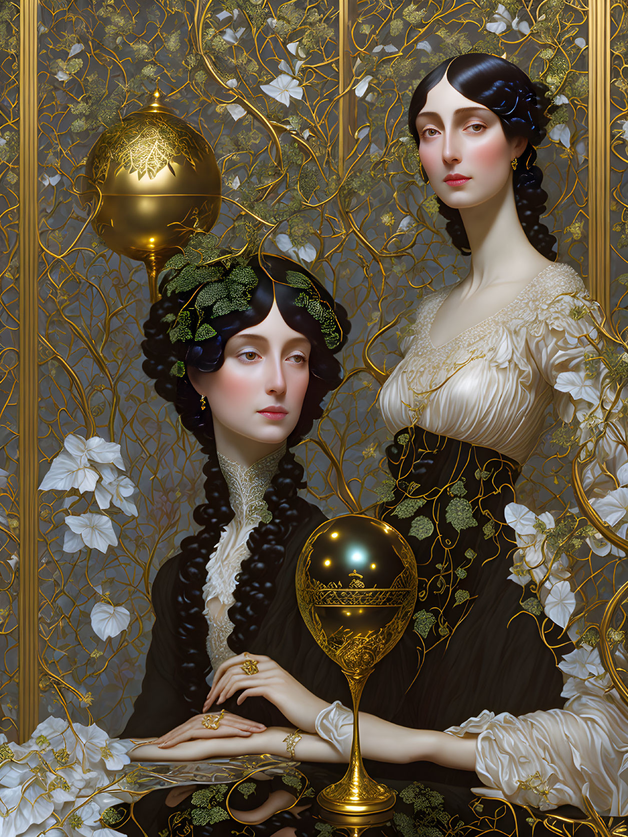 Digital Artwork: Two Women in Classical Attire with Golden Orb