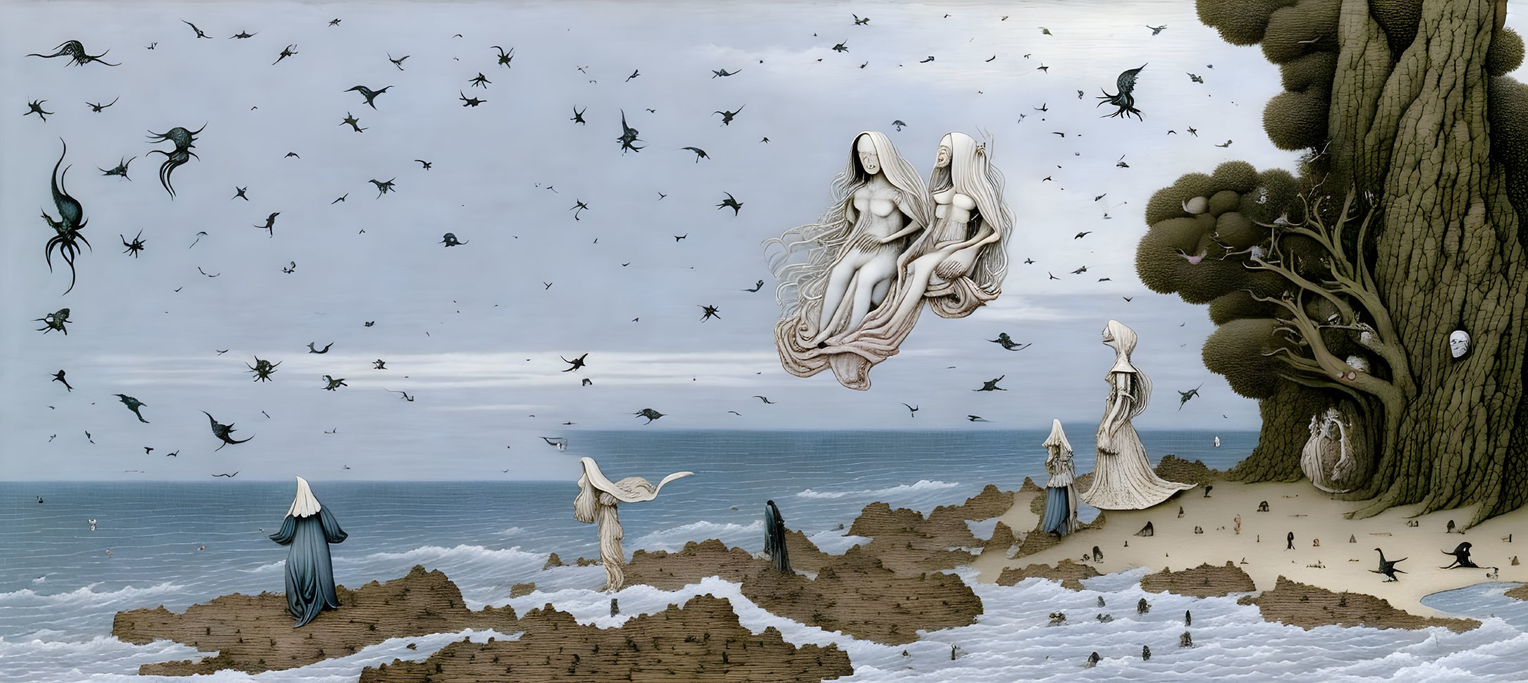 Surreal artwork featuring ghostly figures, tree, birds, beach, and cloud-streaked