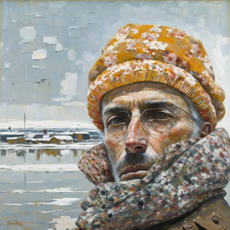 Man in Orange Hat and Scarf in Snowy Village Painting