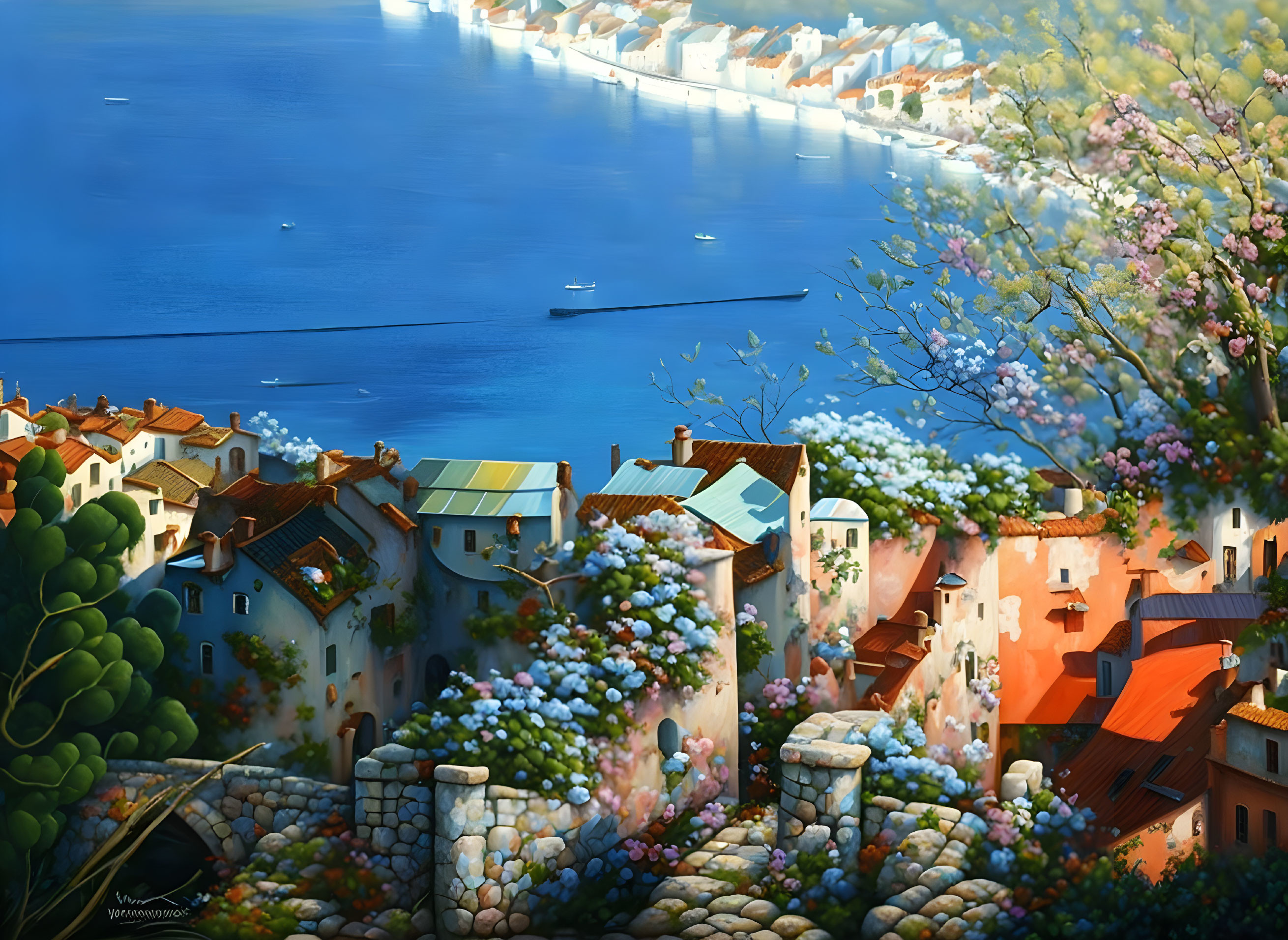 Colorful coastal village painting with terracotta rooftops and boats by the sea