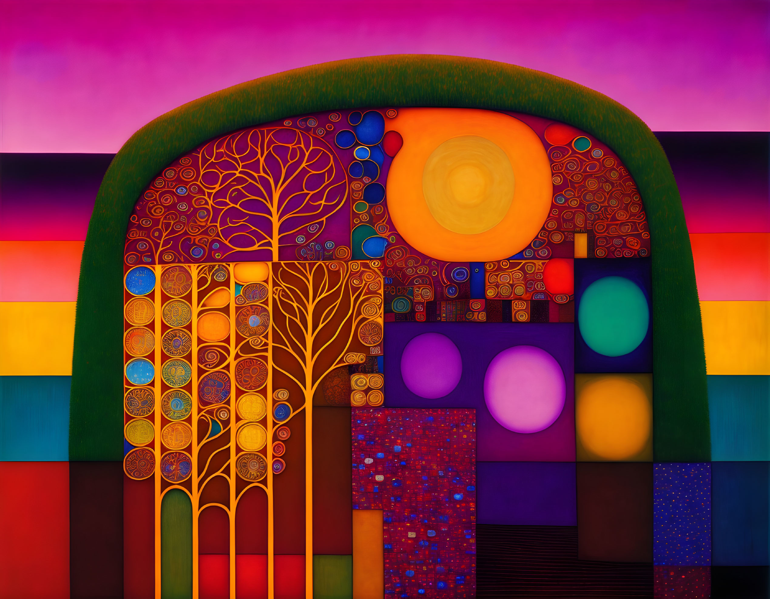 Abstract Artwork with Arched Tree Motif and Geometric Patterns in Purple, Orange, and Yellow