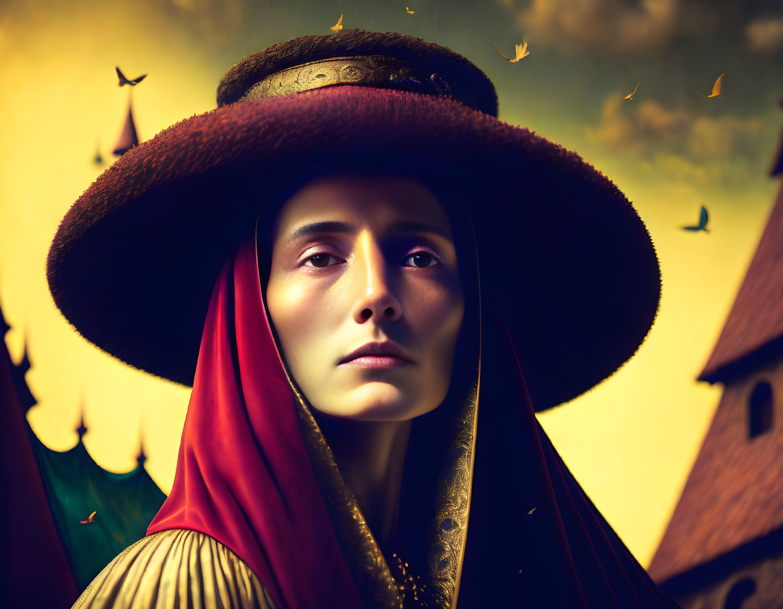 Serene woman in large brimmed hat and red cloak against stylized background