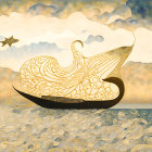 Golden whale swimming in sea with patterns and fish under mosaic sky