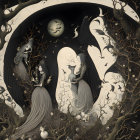 Monochromatic art: Ethereal figures with bird-like features in mystical forest under crescent moon