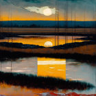 Tranquil landscape painting: full moon, calm water, silhouetted trees, vibrant twilight