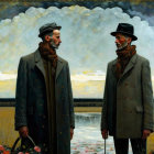 Men in hats and overcoats standing by lake under cloudy sky