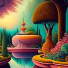 Surreal landscape with floating islands, exotic plants, fountain, whimsical trees