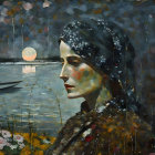 Surrealistic painting: Woman's profile merges with cosmic and seascape