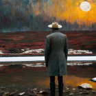 Person in coat and hat in surreal landscape with reflective water and colorful foliage