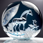 Intricate Horse and Wing Etchings on Glass Paperweight