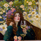 Stylized portrait of woman with intricate headwear and wine glass in floral backdrop