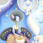 Ethereal illustration of pale figure with ornate halo and antlered creatures surrounded by nature elements