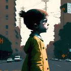 Young boy in yellow coat gazes at cityscape