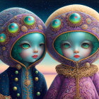 Stylized whimsical characters with cosmic headgear under twilight sky