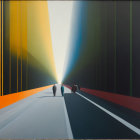 Abstract painting of four silhouetted figures on stylized path with bold vertical color blocks